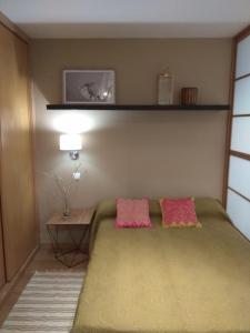 um quarto com uma cama com duas almofadas cor-de-rosa em Coqueto apartamento centro VIGO con WIFI em Vigo