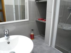 een badkamer met een witte wastafel en een douche bij Hôtel L'Européen in Tarbes