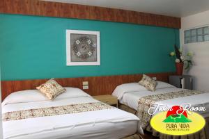 a hotel room with two beds and a green wall at Pura Vida Resort in Tagaytay