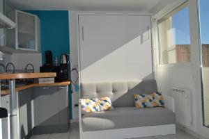 a living room with a couch in a kitchen at Le petit studieux - Parking - Animaux acceptés - Centre ville accessible à pied in Albi