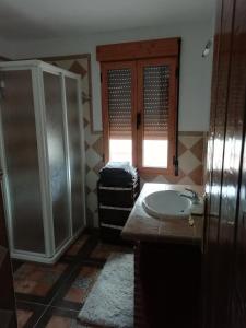ein Bad mit einem Waschbecken und einer Dusche in der Unterkunft Casa rústica de pueblo en Sierra de Alcaraz in Salobre