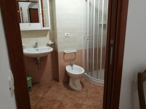 a bathroom with a toilet and a sink and a shower at Appartamento Tripoli in Vieste