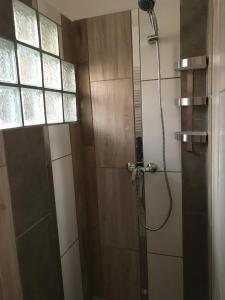a shower with a shower head in a bathroom at Candy Apartman in Keszthely