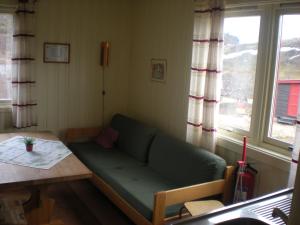 ein Wohnzimmer mit einem grünen Sofa und einem Tisch in der Unterkunft Karalaks in Lakselv
