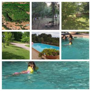 een collage van foto's van een meisje dat in een zwembad zwemt bij Rifugio di campagna in Vitorchiano