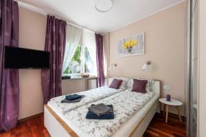 a bedroom with a bed with a tv on it at Przytulny Apartament przy Teatrze Wielkim in Warsaw