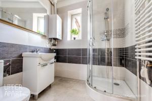 a bathroom with a shower and a sink and a toilet at Upper Apart in Cieszyn