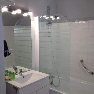 a bathroom with a shower and a sink and a mirror at Studio Hesperides in Balaruc-les-Bains