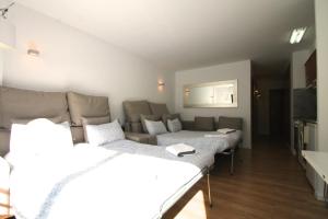 salon z 2 łóżkami i kanapą w obiekcie Genciana Estudio en el Tarter, zona Grandvalira w mieście El Tarter
