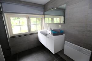 a bathroom with a white sink and a mirror at B&B Le Bois de Champia in Huy