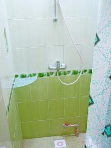 y baño con ducha y azulejos verdes y blancos. en Adore, en Sudak
