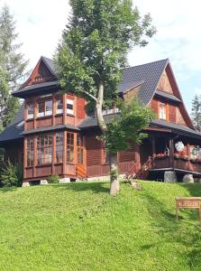 a large wooden house with a tree in the yard at Willa Ubocz in Zakopane