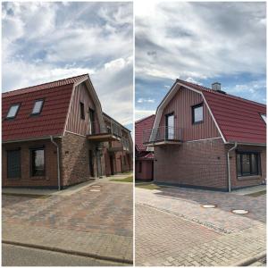 dos fotos de un edificio de ladrillo con techo rojo en Greenments, Apartments für Freizeit und Beruf, en Geesthacht