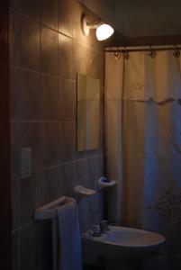 a bathroom with a sink and a shower with a mirror at Cabañas Wenelcklén in Uspallata +29 photos