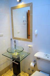 bagno con lavabo in vetro e servizi igienici di Cabañas Entre Verdes a Frutillar
