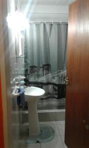 baño con lavabo y cortina de ducha en Blue House en Buenos Aires