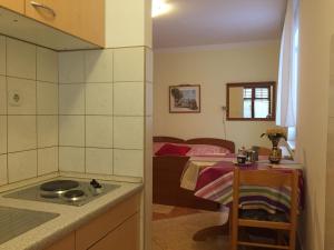 eine Küche mit einem Waschbecken und ein Zimmer mit einem Bett in der Unterkunft Apartment Villa Ana in Opatija