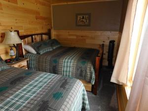 een slaapkamer met 2 bedden in een blokhut bij Loon Lodge in Phelps