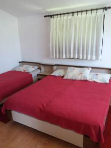 een slaapkamer met 2 bedden met rode lakens en een raam bij Apartman Tripkovic in Bar