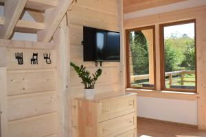 a living room in a log cabin with a flat screen tv at Fiedorówka in Zakopane