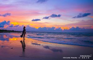 a person walking on the beach at sunset at Cardamon Hotel Nilaveli in Nilaveli