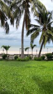 two palm trees on the beach with the ocean in the background at Rimtalay Home Huahin in Hua Hin