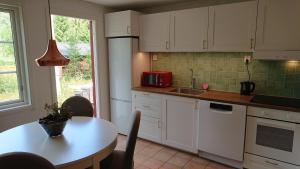 a kitchen with white cabinets and a table and a microwave at IGMA Lodge in Borlänge