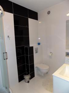 a bathroom with a toilet and a black tile wall at Wygoda in Augustów