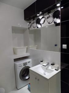 a bathroom with a washing machine and a sink at Wygoda in Augustów