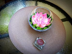 eine Vase mit einer rosa Blume auf dem Tisch in der Unterkunft Apartman Lenka in Banja Koviljača