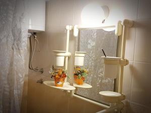 ein Badezimmer mit einem Spiegel und einem Waschbecken mit Pflanzen in der Unterkunft Apartman Lenka in Banja Koviljača
