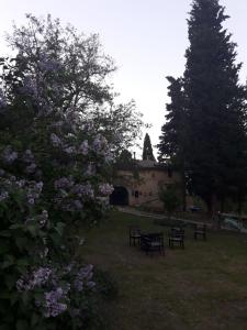 B&B Mediterrando-soggiorni settimanali في San Litardo: حديقة بها مقاعد وأشجار ومبنى