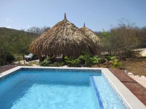 a resort with a swimming pool and a thatch hut at Don Genaro Apartments in Barber
