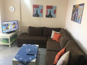 sala de estar con sofá marrón y TV en Joana's Apartment, en Himare