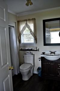 a bathroom with a toilet and a sink and a window at Seascape Coastal Retreat - ADULTS ONLY - HOT TUBS in Ingonish