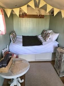 ChetwyndにあるWellbank Shepherds Hutのベッドとテーブル付きの小さな部屋