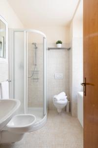 W łazience znajduje się prysznic, toaleta i umywalka. w obiekcie LE RONDINELLE Apartment Bellagio w mieście Bellagio