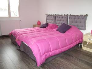 a large bed with a pink blanket on it at Côté Jardin in Saint-Jean-en-Royans