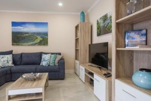 een woonkamer met een bank en een tv bij Surf Beach_Santa Barbara Secret Gardens in Ribeira Grande