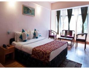 a bedroom with a large bed in a room with windows at Anamika Hotel in Nainital