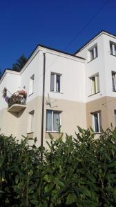 a white building with a balcony and a tree at Apartament Blue in Krosno