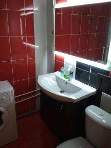 łazienka z umywalką, toaletą i czerwonymi kafelkami w obiekcie Apartment on Shevchenko w mieście Almietjewsk