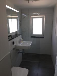 a bathroom with a sink and a toilet and a window at Loft Seeblick Überlingen in Überlingen