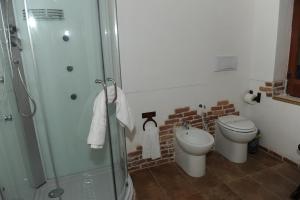 La salle de bains est pourvue de toilettes et d'une douche en verre. dans l'établissement Torre Balzano B&B, à Valenzano