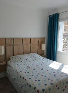 ソミュールにあるAppartement sur l’ile de Saumurのベッドルーム1室(ベッド1台、掛け布団、窓付)