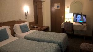 a hotel room with two beds and a flat screen tv at Albergo Stella Alpina in Molveno