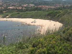 una playa con sombrilla y gente en el agua en Appartamenti Costa Rossa Cala Rossa, en Isola Rossa