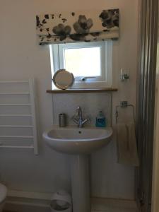 a bathroom with a sink and a mirror and a window at Little Woodacott in Barnstaple