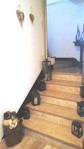 un escalier avec des chaussures et des papillons sur le mur dans l'établissement Appartamento Novecento, à Lenzumo di Concei