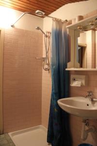 a bathroom with a shower and a sink and a tub at Garni Hirsch in Canazei